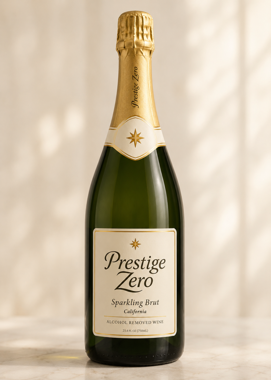 Bottle of Prestige Zero sparkling Brut wine on a light background