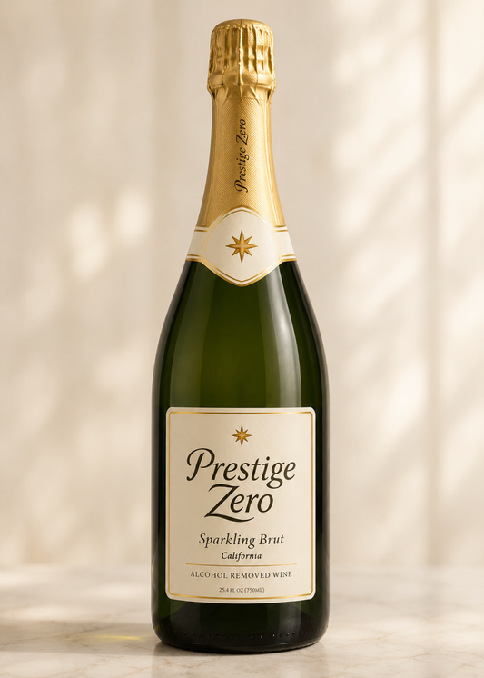 Bottle of Prestige Zero sparkling Brut wine on a light background