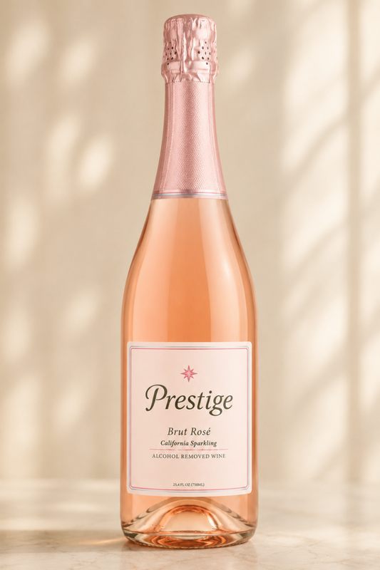 Bottle of Prestige Brut Rose sparkling wine on a beige background